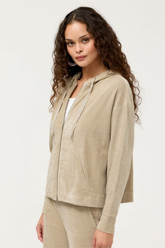ESSENTIALS VELOUR LONG SLEEVE ZIP FRONT HOODIE - Johnny Was Best Seller