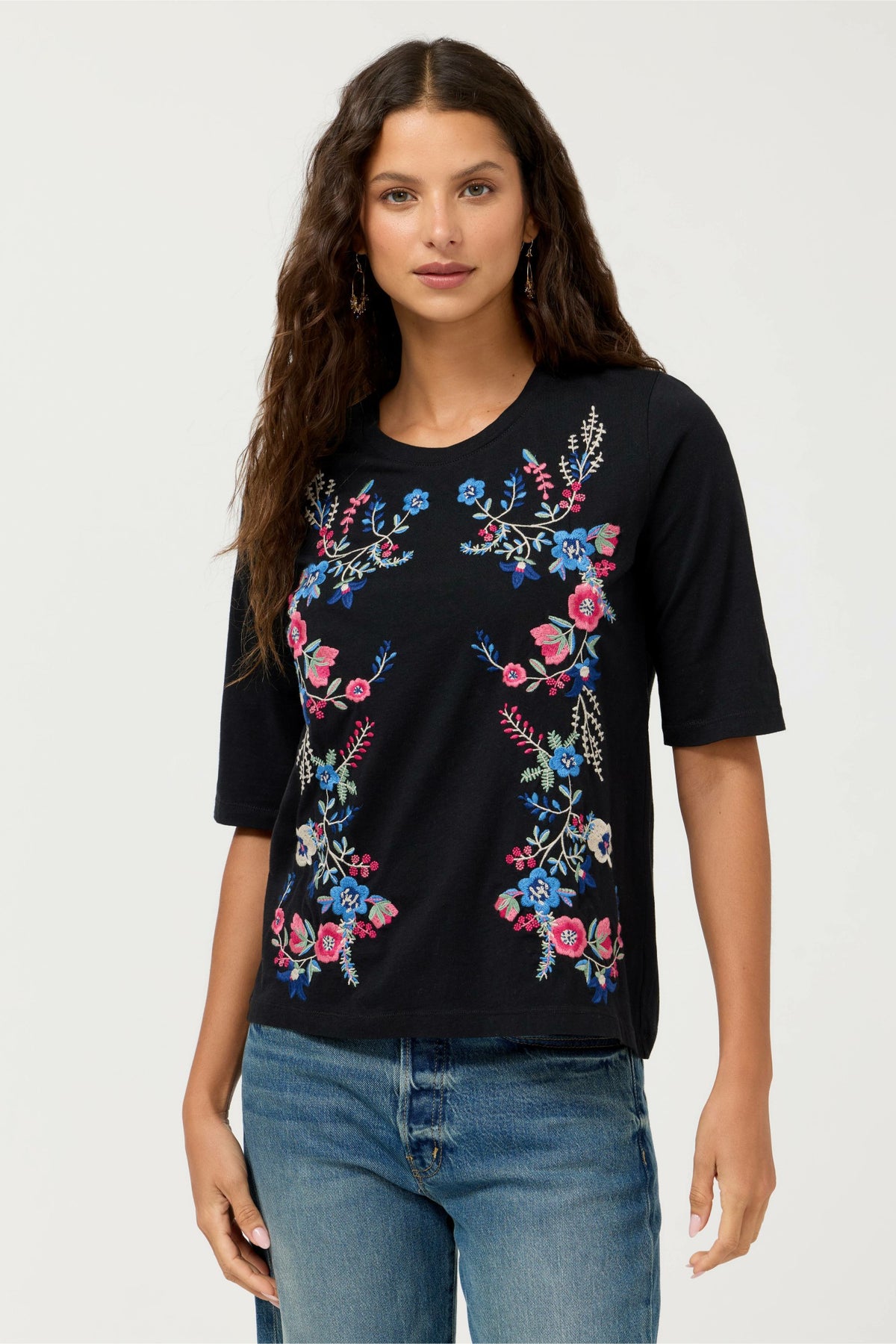 CREWNECK ELBOW SLEEVE TEE - Johnny Was Popular