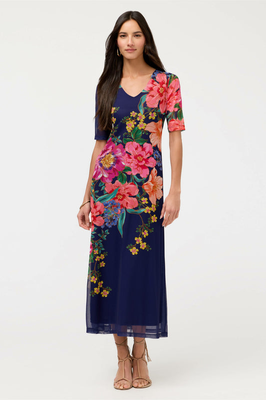 ELBOW SLEEVE V-NECK MESH MIDI DRESS - Johnny Was Featured