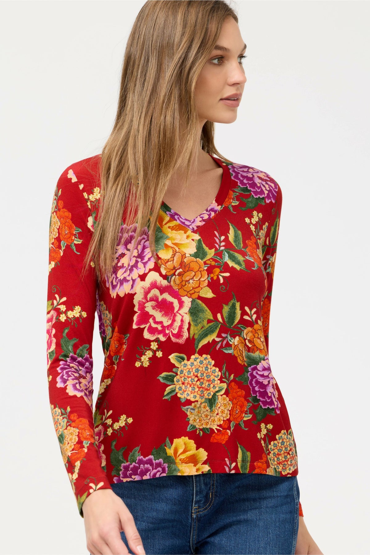 THE JANIE FAVORITE LONG SLEEVE V-NECK FITTED TEE - Johnny Was Signature