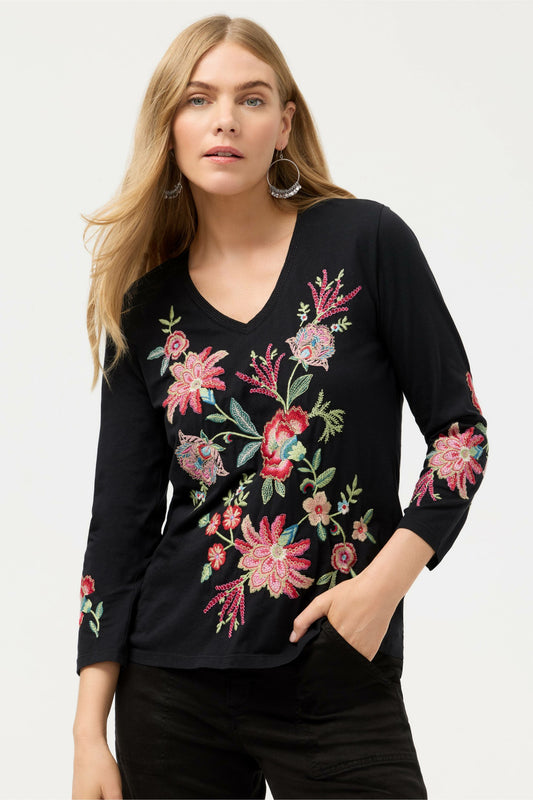 3/4 SLEEVE TRAPUNTO V-NECK TEE - Johnny Was Best Seller
