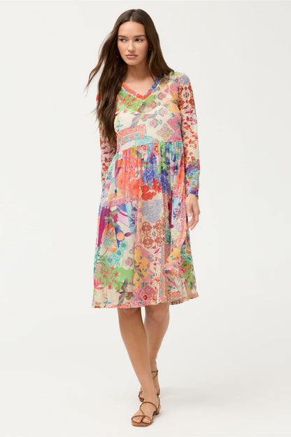 LONG SLEEVE V-NECK MESH SINGLE TIER DRESS - Johnny Was Exclusive