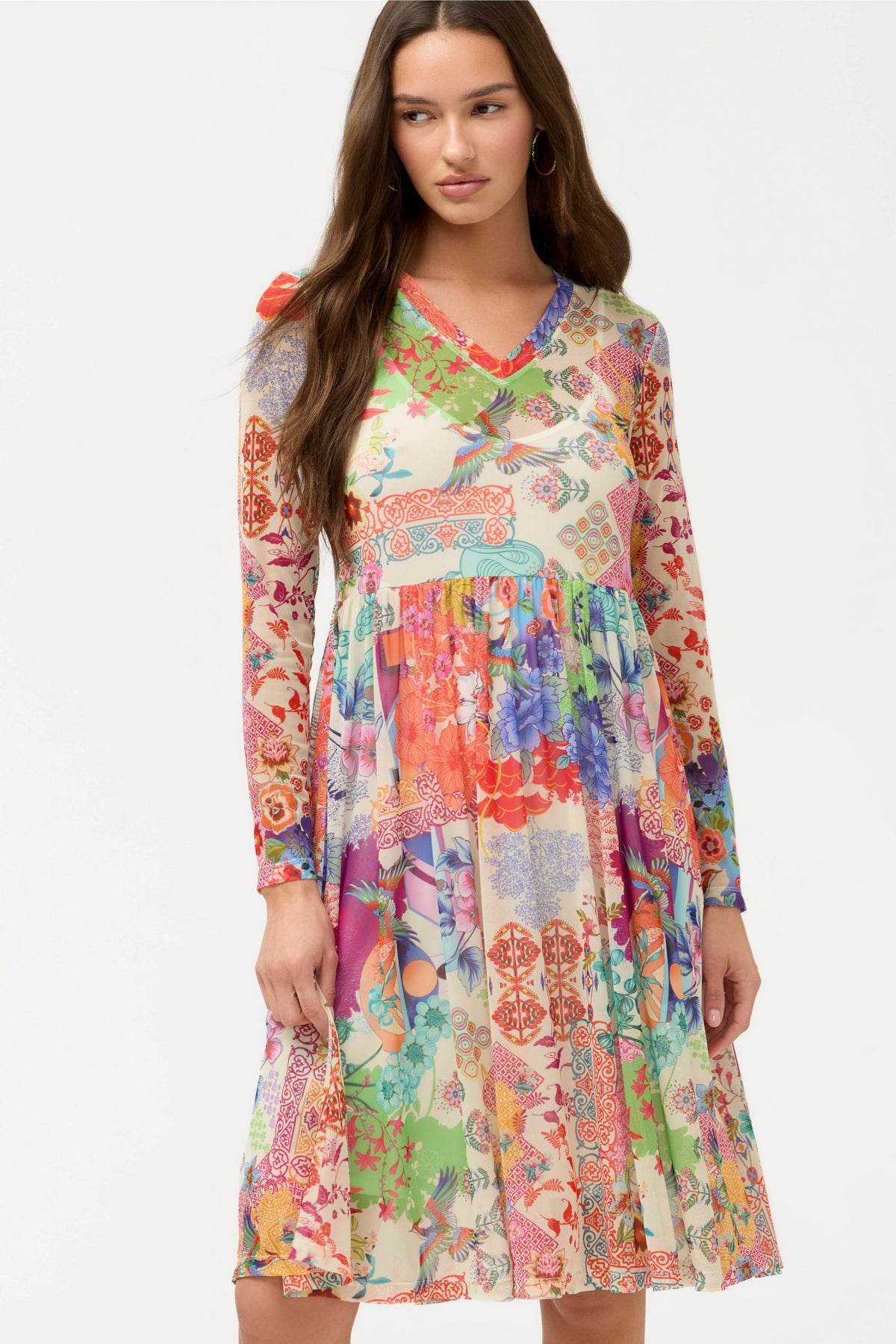 LONG SLEEVE V-NECK MESH SINGLE TIER DRESS - Johnny Was Exclusive