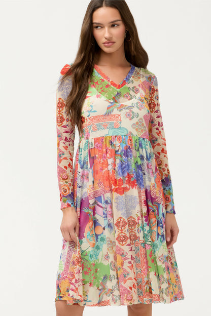 LONG SLEEVE V-NECK MESH SINGLE TIER DRESS - Johnny Was Exclusive